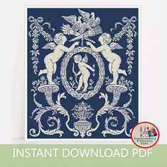 a blue and white print with angels on it