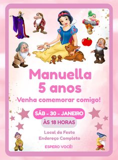 the spanish version of snow white and seven dwarfs is on display in this pink poster