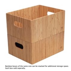 a bamboo box with the words bamboo boxes of the same size can be stacked for additional storage space