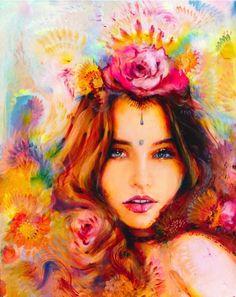 a painting of a woman with flowers on her head and body, in front of colorful background