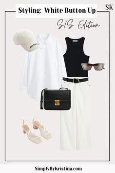 How To Style A Basic White Button Up Shirt  - SimplyByKristina Button Up Work Outfit, Ootd Moodboard, White Button Shirt, Work Dress Code, Sporty Chic Style, White Button Up Shirt, Classy Summer Outfits, White Dress Pants, Trendy Spring Outfits