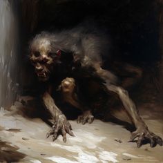 a painting of a creepy looking animal with hands on the ground