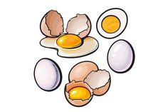 three eggs and one broken egg on a white background