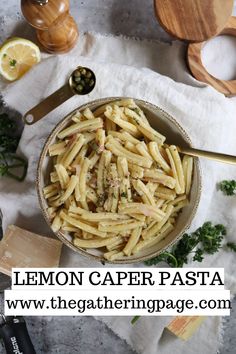 lemon caper pasta in a bowl with parsley on the side