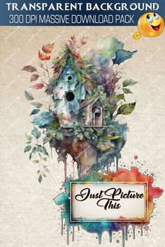 an advertisement for a house with watercolor paint splatters and birds on it