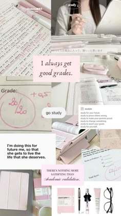 a collage of pink and white items including notebooks, pens, glasses, and paper