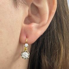 A Sparkling Pair Of Diamond Hanging Earrings Featuring Two Old European Cut Diamonds Diamond Hanging Earrings, Estate Diamond Jewelry, Hanging Earrings, European Cut Diamonds, Diamond Jewelry, Diamonds, Gold