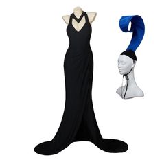 a mannequin wearing a black dress with a blue ribbon around it's neck