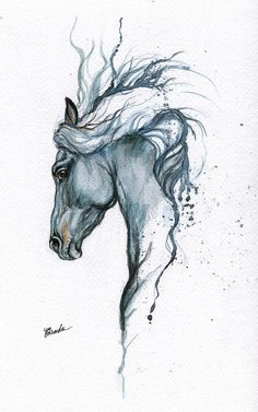 a watercolor painting of a horse's head with long manes and flowing hair