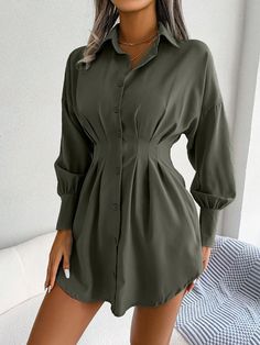 Army Green Casual Collar Long Sleeve Fabric Plain Shirt Embellished Slight Stretch  Women Clothing Clothe Styles, White Dress With Sleeves, Pleated Shirt Dress, Drop Shoulder Shirt, Button Front Shirt Dress, Pleated Shirt, Ladies Clothes, Plain Shirt, Casual Stripes