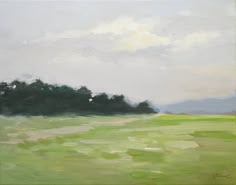 an oil painting of a green field with trees in the distance