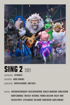 the movie poster for sing 2 is shown in black and white, with an image of characters