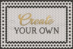 Custom Vinyl Floor Mat - White Mosaic with Customized Black 8th Ave Text & Gold Script Custom Wording spicher and co Vinyl Mat, Mosaic Tile Designs, Vinyl Doors, White Ceramic Tiles, White Mosaic, Carpet Padding, Gold Text