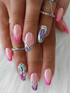 Nails With Sparkles Accent, Coffin Summer Nails Designs, Fancy French Tip Nails, Aurora Nails, French Tip Nail Designs, Fancy Nails Designs, Sparkle Nails, Pink Nail Designs