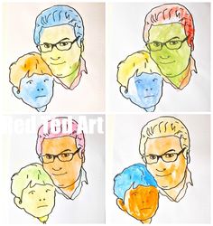 four different colored portraits of three men with glasses and one man's face is drawn on paper