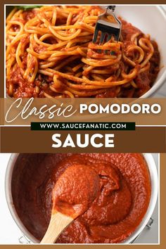 two pictures with different sauces in them and the words classic pomodoro above it