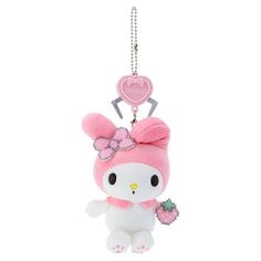 a hello kitty keychain with a pink bow on it's head and a heart