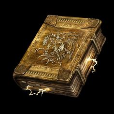 an old book with the pages covered in gold paint and embossing on it