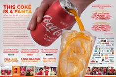 an advertisement for coca cola being poured into a glass filled with ice and orange liquid