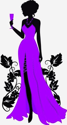 the silhouette of a woman in a purple dress holding a wine glass with vines on it