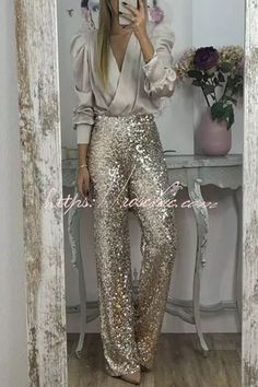 Sequin Flare Pants, Glitz And Glamour, Sequin Pants, The Diva, Puff Sleeve Blouse, New Arrival Dress, Amelie, Looks Vintage, Party Fashion