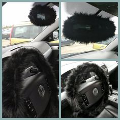 the interior of a car with black fur and steering wheel covers on top of it