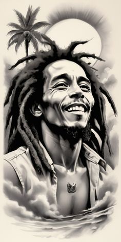 a black and white drawing of a man with dreadlocks