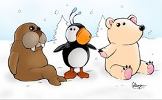 three cartoon animals sitting in the snow with one penguin and two polar bears looking at each other