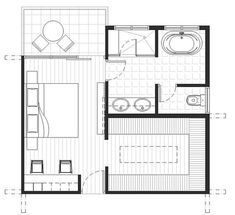 a floor plan for a small house with two beds and a bathroom in the middle