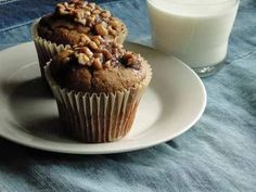 two muffins on a plate next to a glass of milk