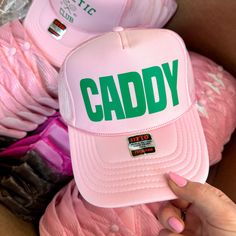 Caddy Foam Trucker Hat in Light Pink - Giddy Up Glamour Boutique Golf Trucker Hat, Light Pink Hat, Trailer Shop, Trucker Hat Fashion, Hat Bar, Honeymoon Island, Orange Party, Custom Trucker Hats, Giddy Up Glamour