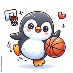 a cartoon penguin is holding a basketball