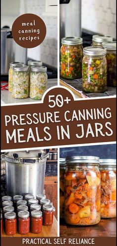 several jars filled with food sitting on top of a wooden table