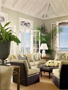 a living room filled with lots of furniture next to a large potted palm tree