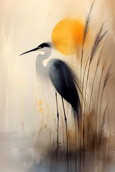 a painting of a bird standing in tall grass with the sun setting behind it,