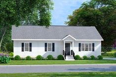 a small white house with black shutters on the front and side windows is shown