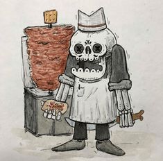 a drawing of a skeleton holding a piece of pizza in front of a brick oven