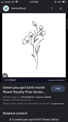 an iphone screen with the text sweet pea birth month flower royalty free creator on it