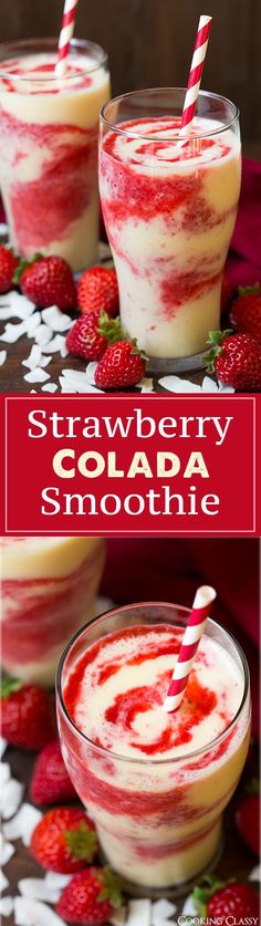 strawberry colada smoothie in glasses with strawberries on the side and text overlay