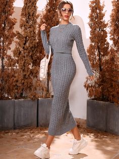 Grey Elegant  Long Sleeve Acrylic Plain Skirt Embellished Slight Stretch Spring/Fall Women Knitwear Long Bodycon Dress Outfit, Long Bodycon Skirt, Knit Skirt Outfit, Knit Dress Pattern, Body Con Dress Outfit, Midi Skirt Pattern, Winter Dress Outfits, Long Bodycon Dress, Co Ords