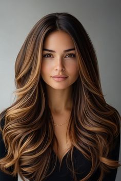 Chocolate Brown With Caramel Balayage, Golden Dark Brown Hair, Brown Golden Highlights, Balayage With Dark Roots, Blonde And Caramel, Caramel Highlight, Brown Hair With Caramel, Golden Brown Hair Color, Highlights Caramel