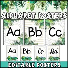 an alphabet poster with tropical leaves and letters