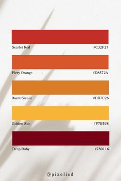 the color chart for different shades of red, orange, yellow, and brown on a white background