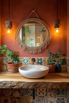 Rustic Mexican Bathroom Ideas, Earthy Interior Design Bathroom, Mexican Tiles Bathroom, Mexican Style Bathrooms, Southwestern Style Bathroom, Boho Ensuite, Mexico Bathroom Ideas, Small Mediterranean Bathroom, Desert Aesthetic Bathroom