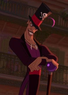 a cartoon character with a top hat and cane pointing to something in front of him