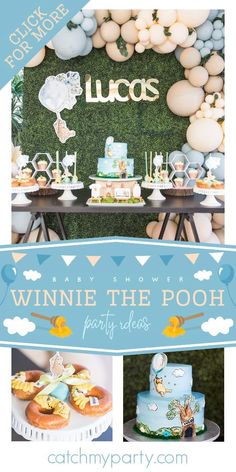 winnie the pooh party with balloons and desserts