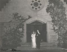 an old photo of a bride and groom walking out of the church door to their wedding ceremony