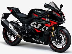 a red and black motorcycle is shown on a white background with the words suzuki written on it