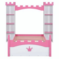 a pink and white bed with a crown on the headboard is against a white background