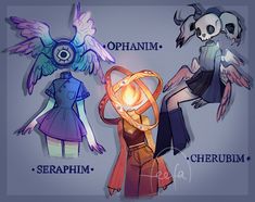 three different types of female characters with their names in the middle one has an eyeball on her head